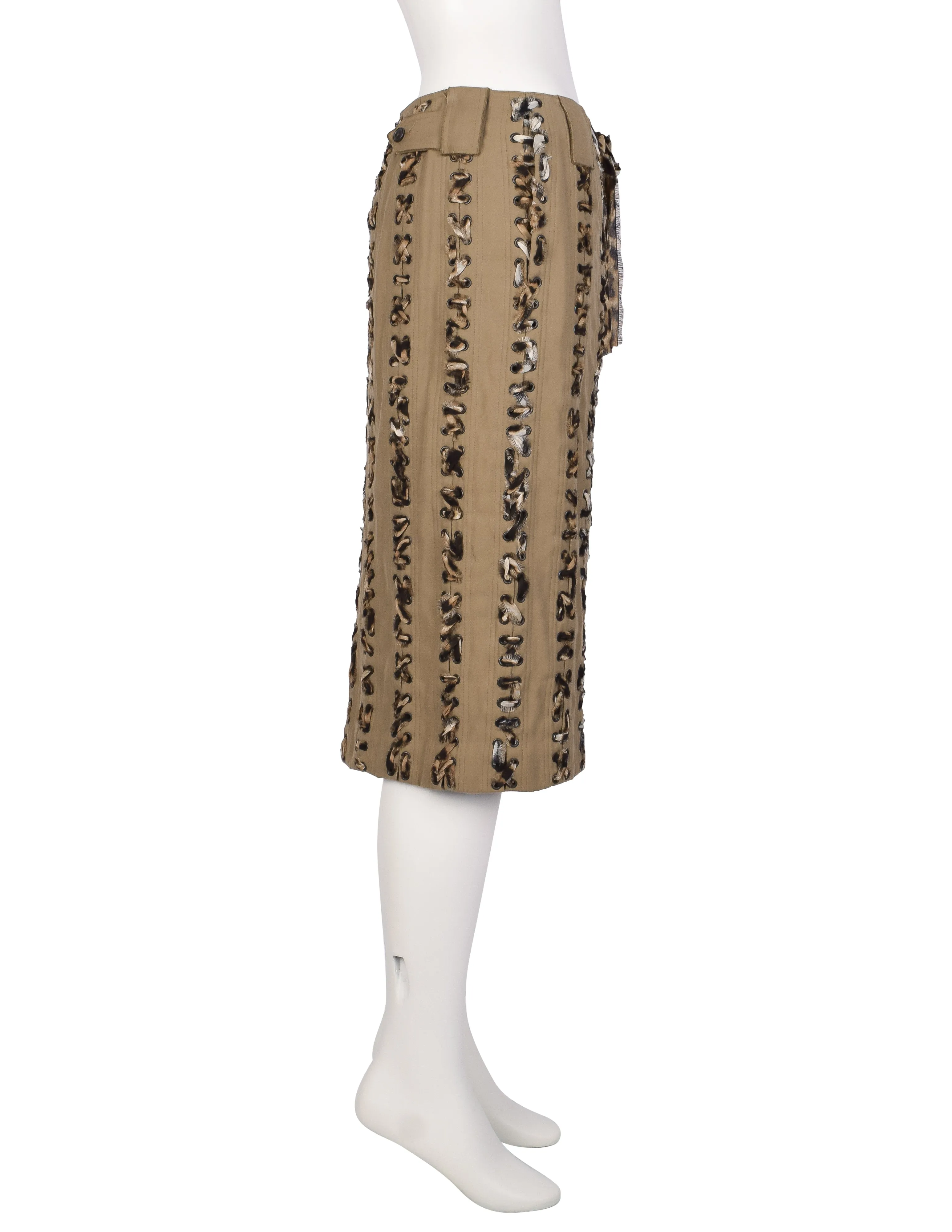 Yves Saint Laurent Vintage SS 2002 by Tom Ford Tan Denim Animal Print Silk Lace Up Skirt